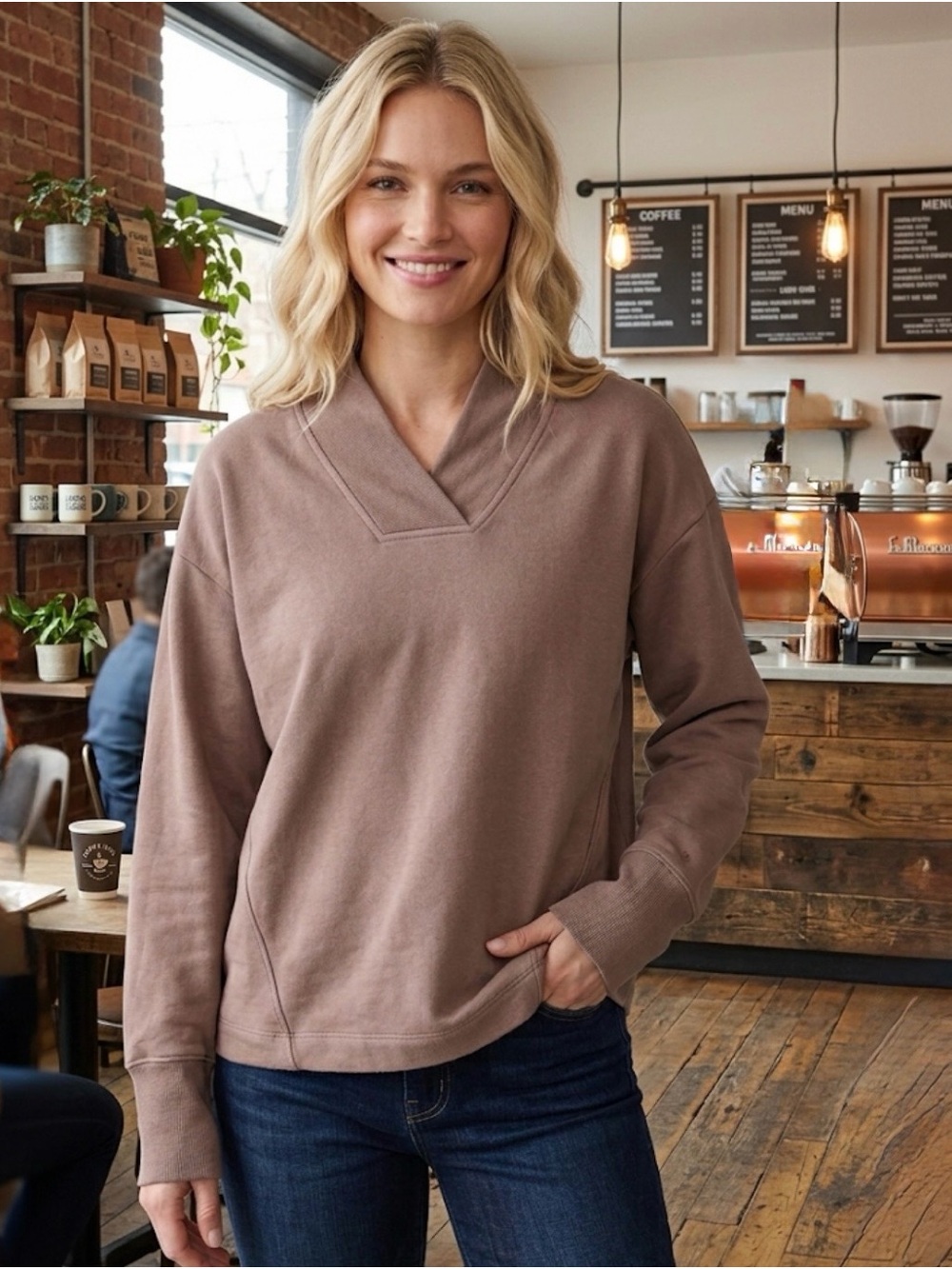 Athleta Women's V-Neck Pullover Sweater - Taupe Brown